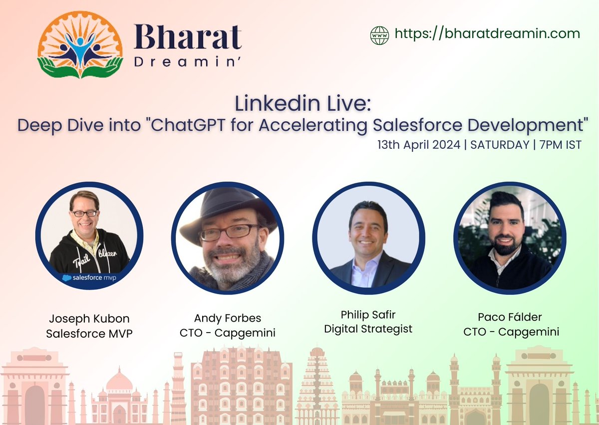 Let's explore how ChatGPT can be leveraged for accelerating Salesforce Development with the authors of the book Join us for this week's Linkedin Live session: Saturday, 13th April, 2024, 7 pm IST. #bharatdreamin #trailblazercommunity #Salesforce linkedin.com/events/deepdiv…