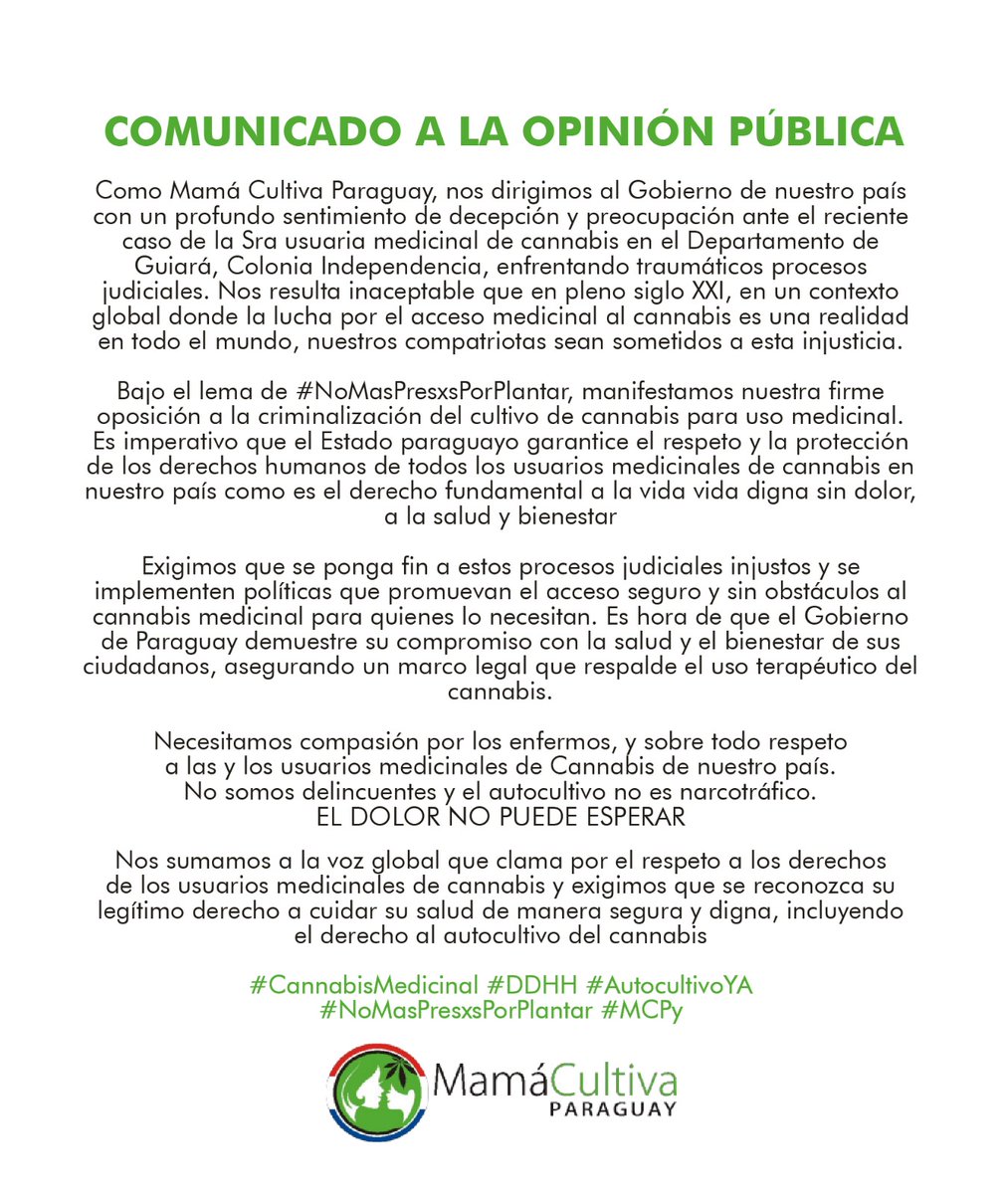 Basta de persecución, basta de criminalización. Es hora de garantizar el acceso seguro al cannabis medicinal, respetar el derecho al autocultivo y a la salud. #NoMasPresxsPorPlantar #CannabisMedicinal #DDHH #DerechoAlAutocultivo #AutocultivoYA #ElDolorNoPuedeEsperar