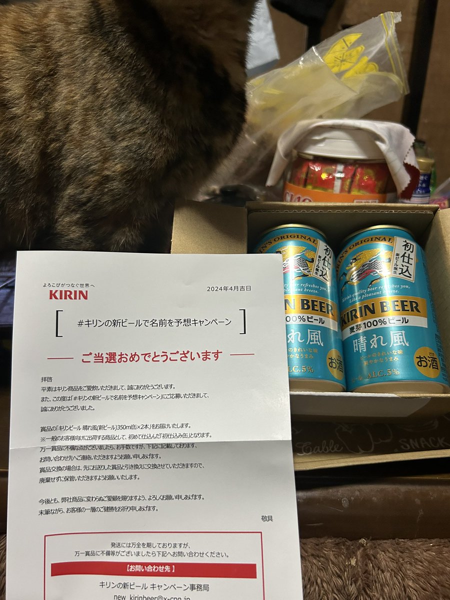 この前ついったで当たったキリンの新ビールの晴れ風届いた😁

そしてナナちゃん降りなさい君は飲めないよ🐱