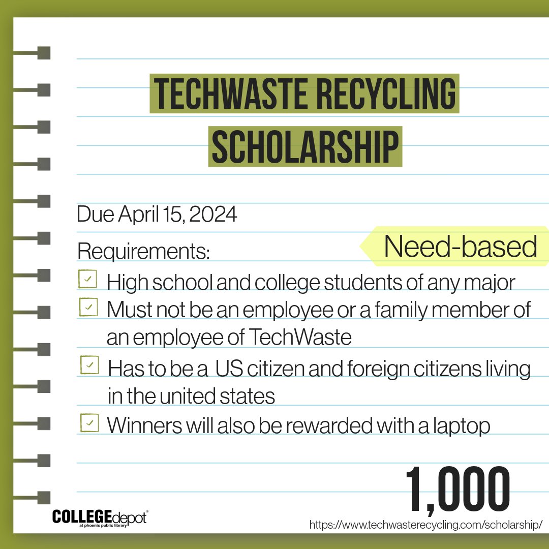 Check out this cool opportunity to be awarded a laptop for college. The @techwasterecycling Scholarship is accepting applications through April 15th! #collegebound #scholarship #scholarships #senior #highschool #payforcollege #payingforcollege #college #financialaid #tuition