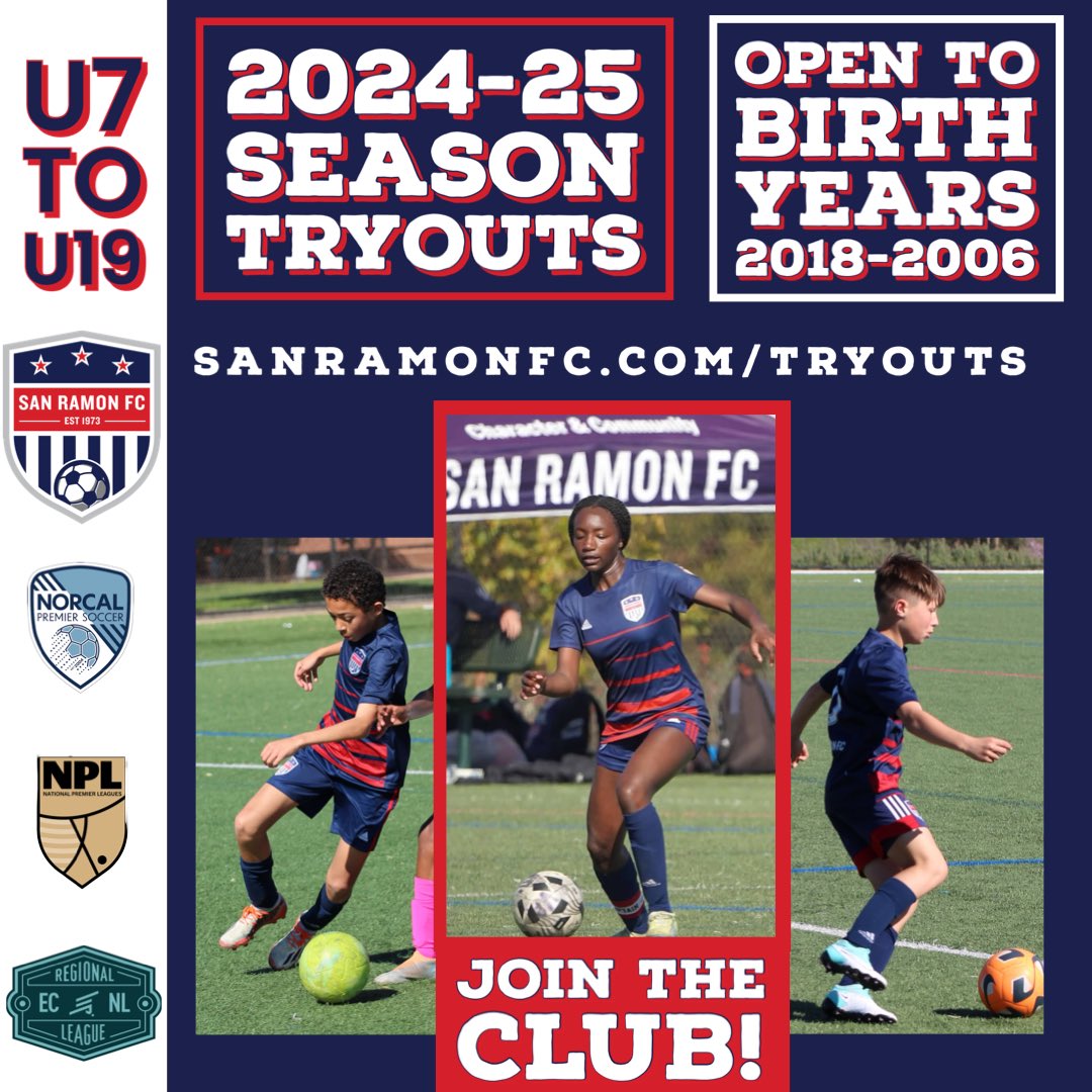 Join the club! Signup for tryouts (coming in May). Check the schedule and attend both tryout dates for your age group. The program includes a U7-U8 Academy and the U9-U19 Competitive with opportunities to compete in the NPL and ECNL-RL. Sanramonfc.com/tryouts #sanramonfc