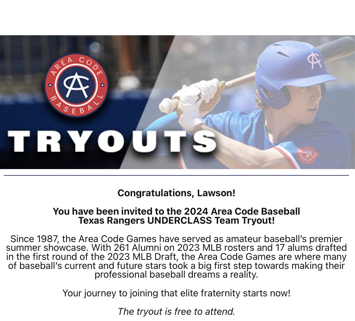 Thank you @ACBaseballGames for the invite to the underclassman Area Code Tryout. @thecoachconnor_ @PrimePJosh @PRIME_HTX @Wildcatters_HS @AmbresChip @BaseballLamar