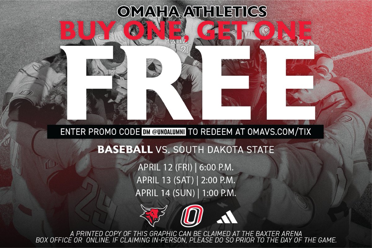 Bring family and friends to support @OmahaBSB during its weekend series against South Dakota State! As a thank you to UNO alumni and donors, @omavs would like to extend a promo code for BOGO tickets. Send us a DM to receive your code! Purchase tickets 👉 bit.ly/3TzbviD