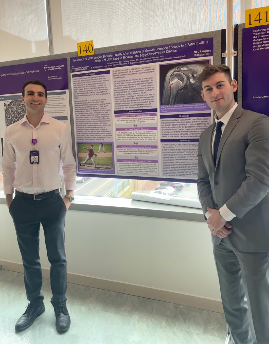 NYUSPORTSMED's tweet photo. Our co-founders presenting a case reporting the recurrence of #LittleLeagueShoulder after the initiation of #GrowthHormoneTherapy. GH has increased in popularity and is being associated with various orthopedic and medical complications in pediatric patients. #nyu #research #ortho https://t.co/8PTWyJbib8