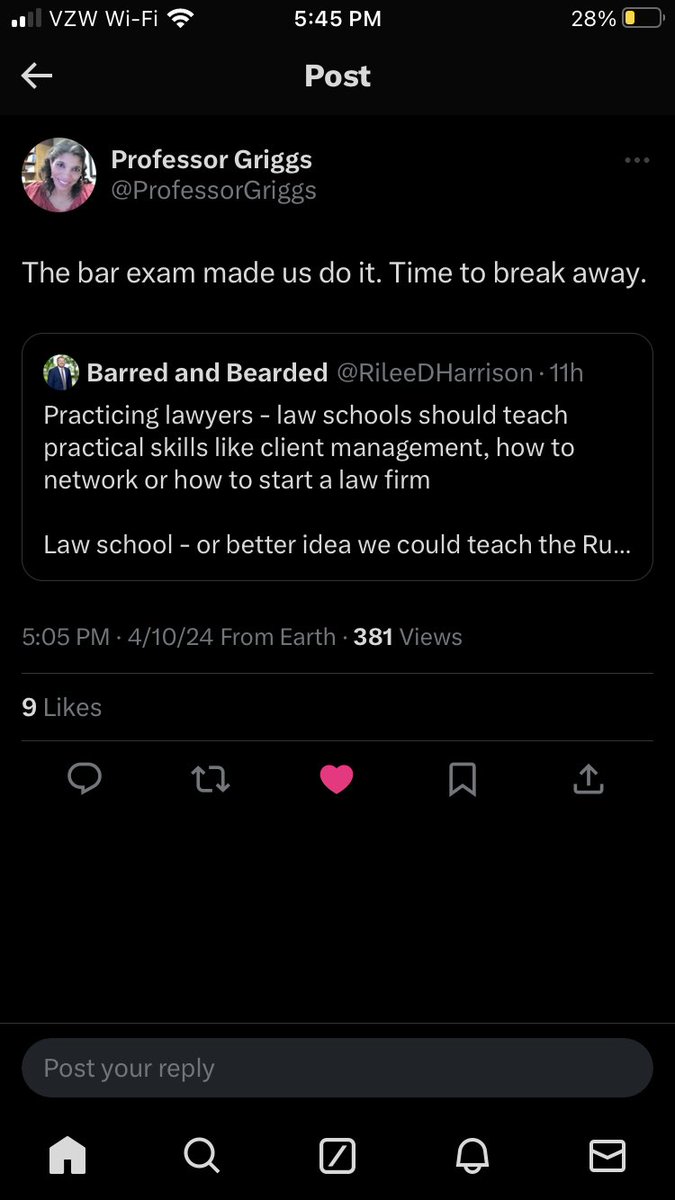 I think @ProfessorGriggs and @RileeDHarrison make a great combined point here. Messaging on bar exam abolishment shouldn’t just be about how the bar exam doesn’t guarantee good lawyers. We should start talking about how the bar exam makes law schools create less-effective lawyers