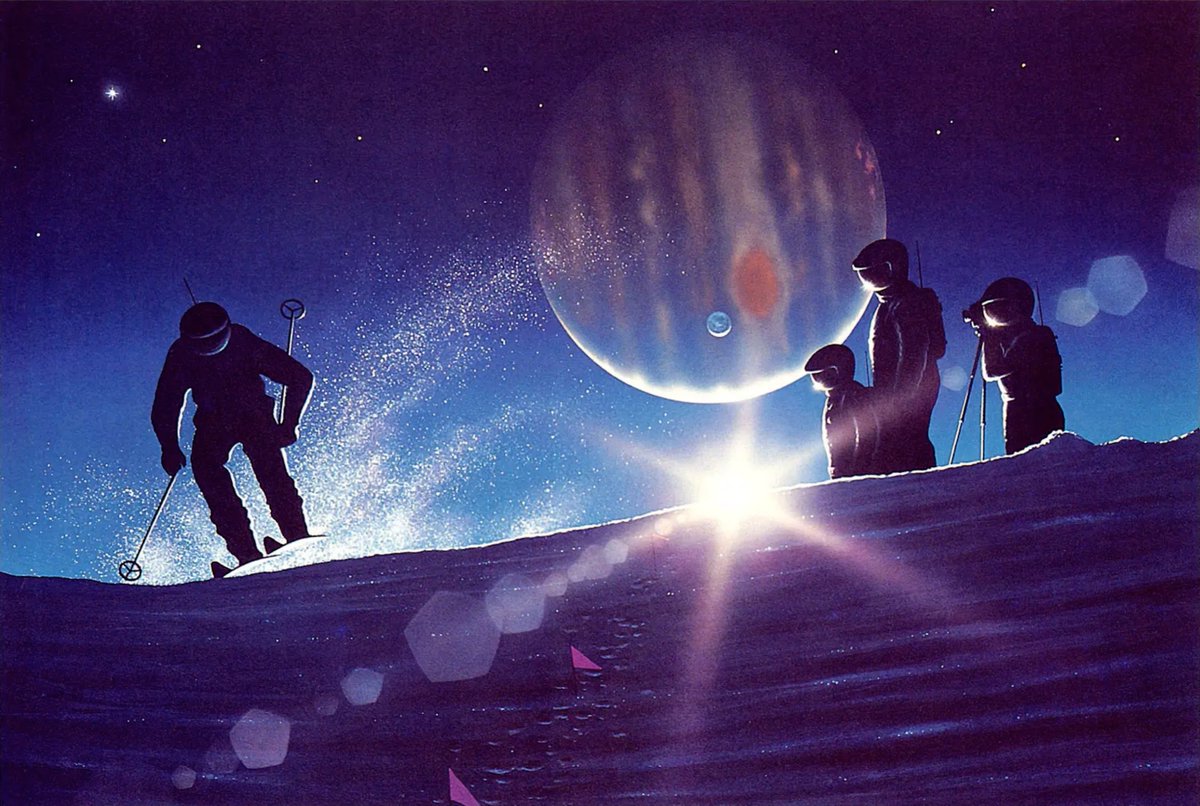 'interplanetary olympics 2020 - skiing on the methane ice of jupiter's moon, europa' by david a. hardy. published in future, february 1979