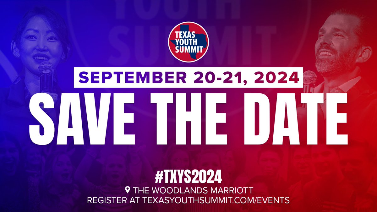 Make sure you RSVP and preregister for the biggest Conservative youth event in Texas. 🗓️September 20-21st. 📍 The Woodlands Marriott This event is FREE to youth and young adults ages 12-26. Adults 27+ can purchase tickets at texasyouthsummit.com/events.