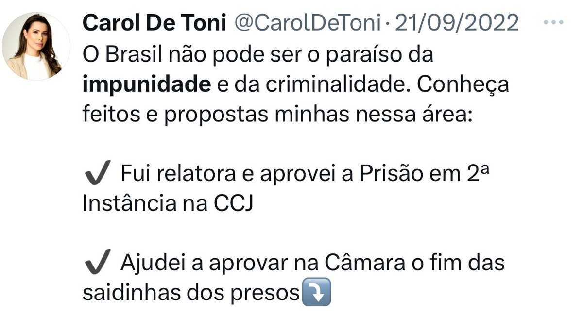 Mas deputada @CarolDeToni se o Brasil não pode ser “o paraíso da impunidade” porque tu votou pra libertar da cadeia o assassino da Marielle Franco? 🤔