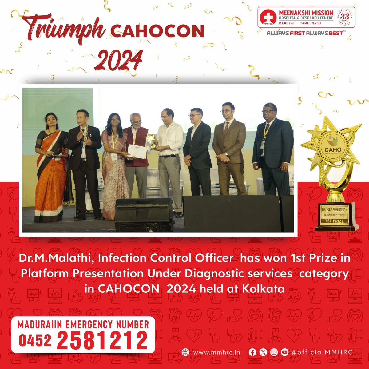 OfficialMMHRC's tweet image. We are thrilled to announce that the Central Sterile Supply Department (#CSSD) of #MeenakshiMission #hospital has achieved the esteemed &quot;Centre of Excellence&quot; certification from the CAHO-ACE 3M CSSD (LARGE HEALTHCARE ORGANIZATION CATEGORY) held at Kolkata #CAHOCON2024
#MMHRC