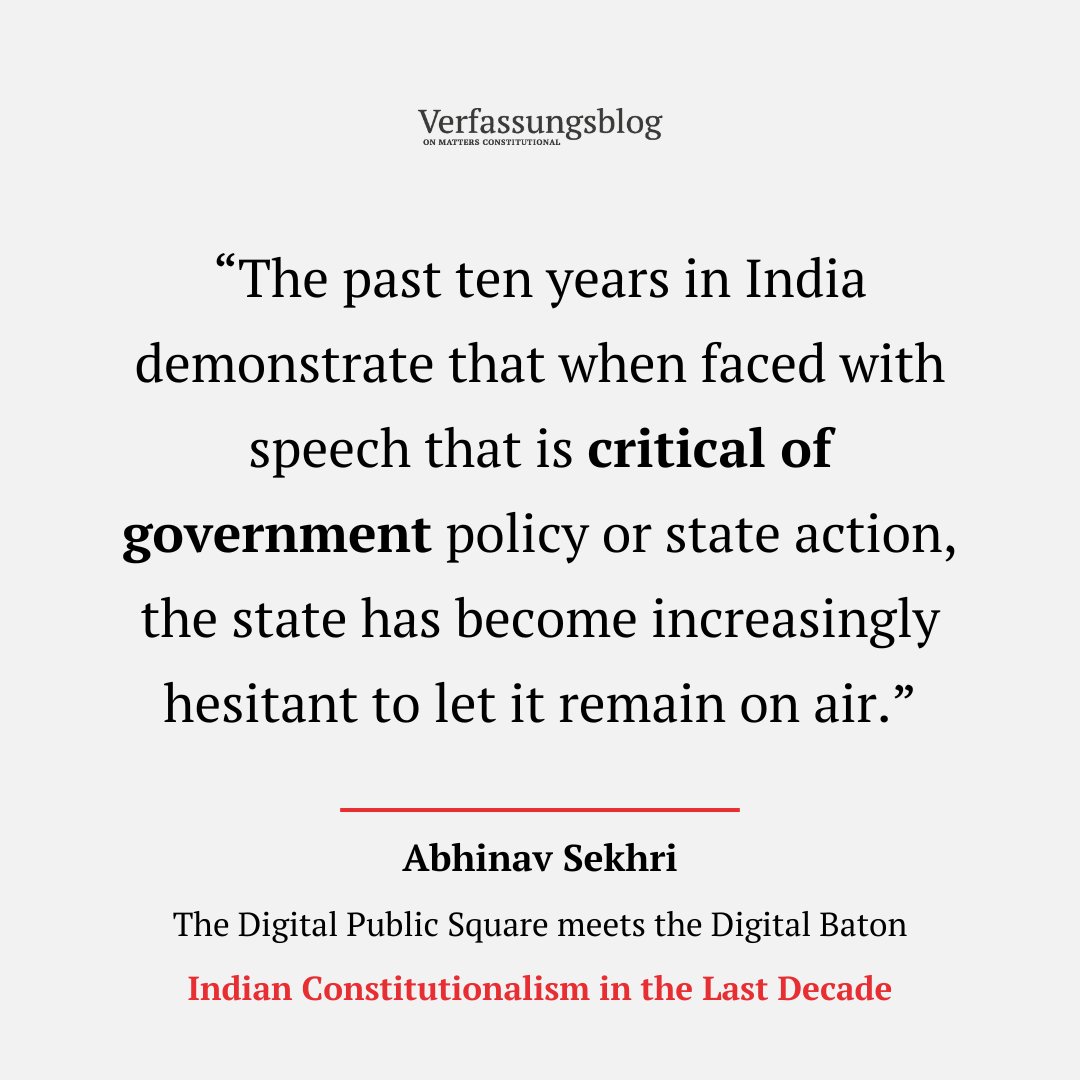 'The value a society and its laws place on protecting free speech is arguably most keenly felt where that speech takes a critical turn.' ABHINAV SEKHRI (@abhinavsekhri10) with a ten-year retrospective on free speech law in India 🇮🇳 👉 verfassungsblog.de/the-digital-pu…