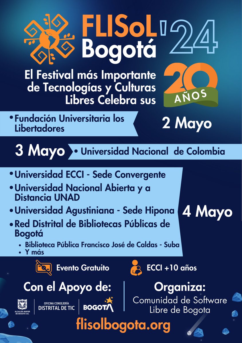 flisol_bogota's tweet photo. Bogotá ¿están listos?
El #FLISoLBogotá regresa este año por todo lo alto para celebrar la edición No. 20, estaremos en varios lugares de la ciudad y queremos que nos acompañes. https://t.co/bMGLb5zB9E