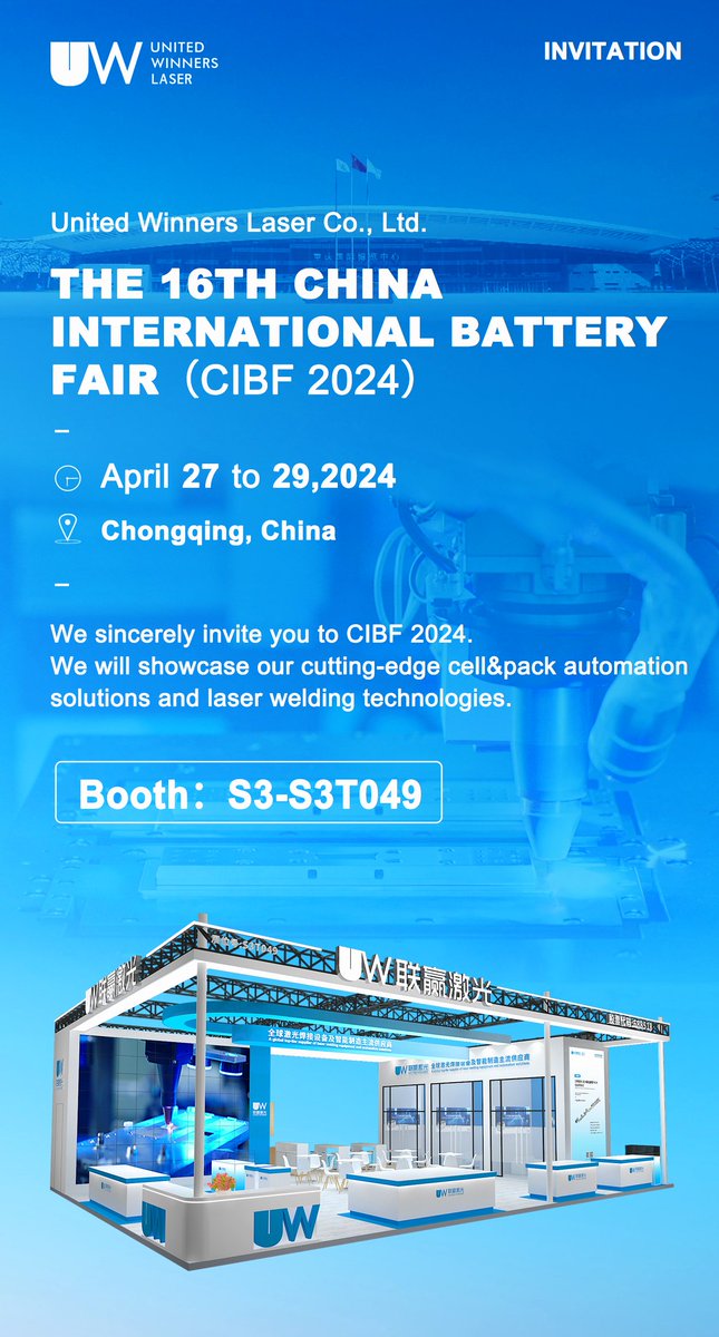 We sincerely invite you to CIBF 2024.
We will showcase our cutting-edge cell&pack automation solutions and laser welding technologies.

Chongqing, China
April 27 to 29, 2024
Booth: S3-S3T049

#laserwelding #laserweldingmachine #CIBF #CellPack