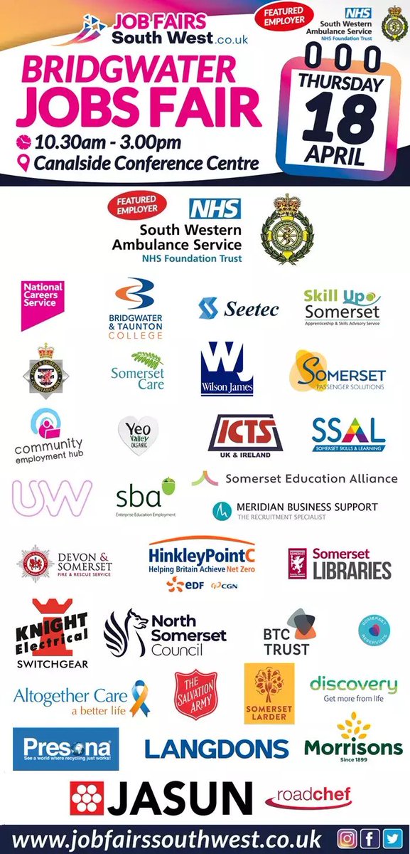 JobsSouthWest.co.uk (@somersetjob) on Twitter photo Hereās the lineup for Bridgwater Jobs Fair featuring <a href="/swasFT/">South Western Ambulance Service</a> Hereās the lineup for Bridgwater Jobs Fair featuring <a href="/swasFT/">South Western Ambulance Service</a>
