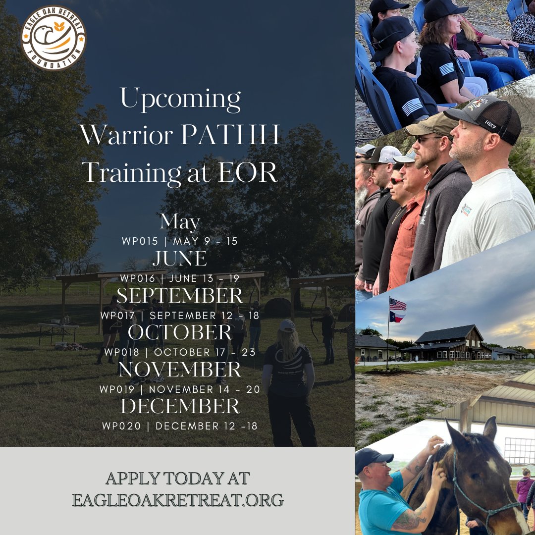 Are you ready to become a better version of yourself? Apply today to start receiving the Warrior PATHH training. 

Learn more and apply today at eagleoakretreat.org

#EagleOakRetreat #Veterans #FirstResponders #Texas #PosttraumaticGrowth #PTG #WarriorPATHH