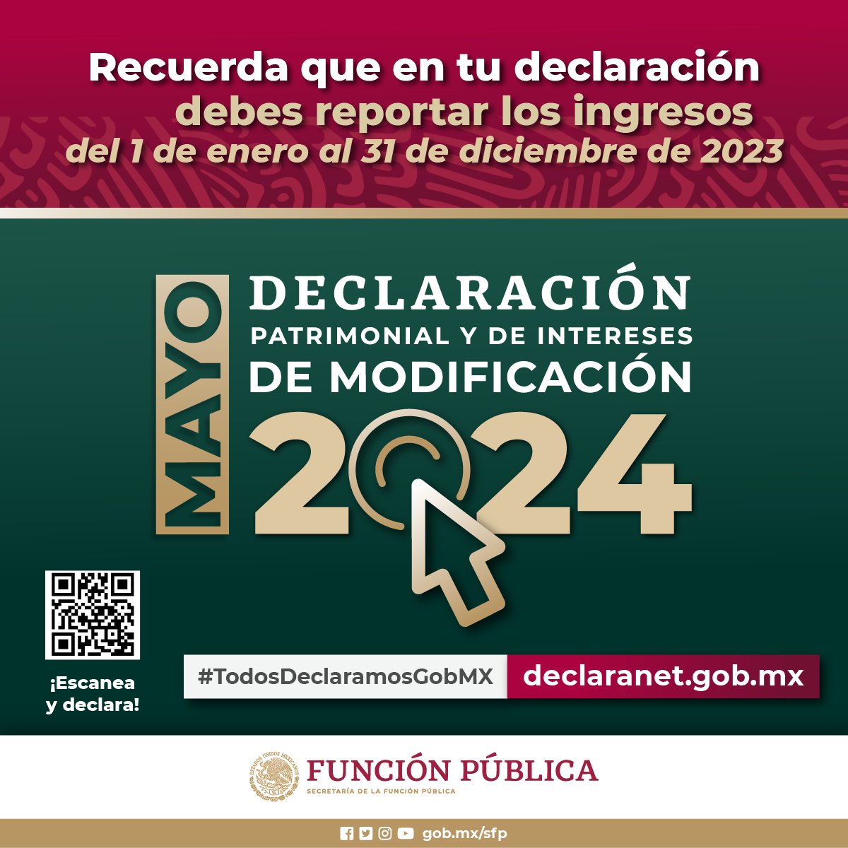 Persona servidora pública federal, recuerda: Si desempeñaste de manera ininterrumpida un empleo, cargo o comisión en 2023 y al mes de #mayo te encuentras en activo, debes presentar tu #DeclaraciónPatrimonial y de intereses 2024 (modalidad de modificación). ➡️…