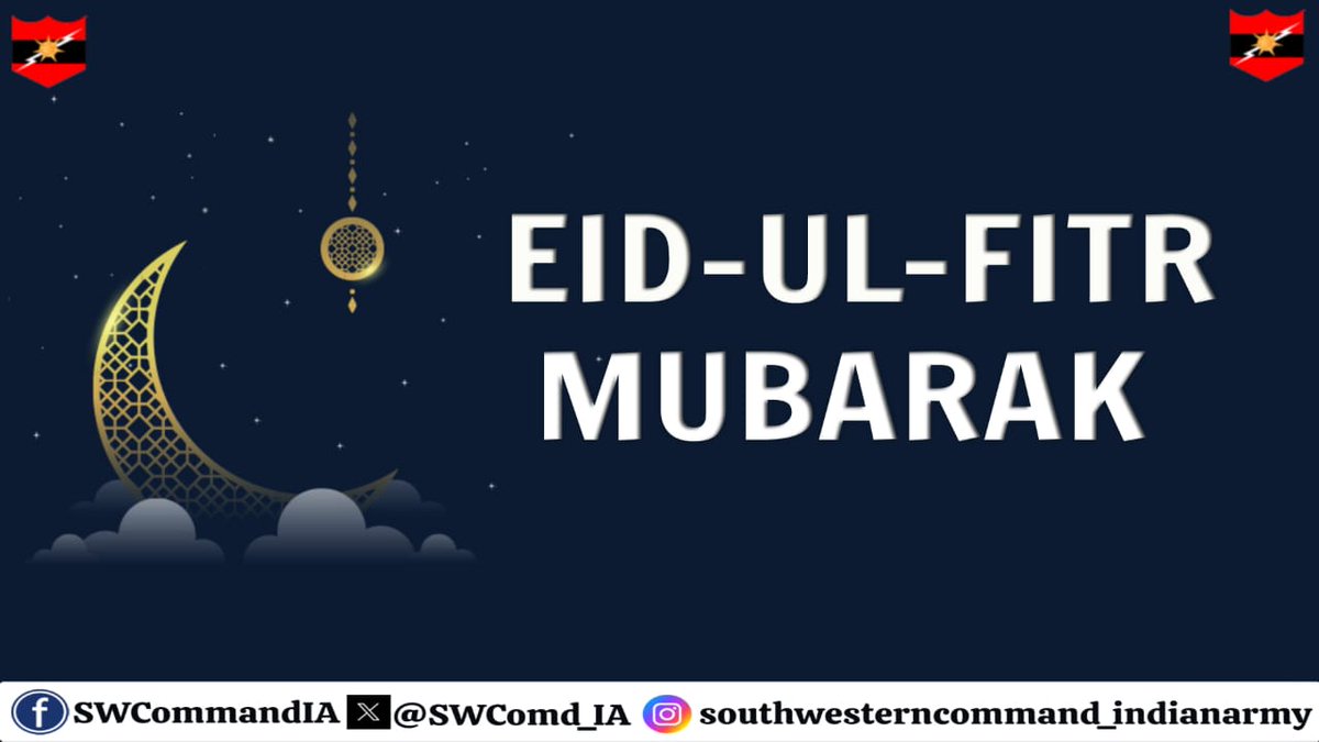 #LtGenDhirajSeth, #ArmyCdrSWC extends warm greetings to All Ranks, Veterans, Civil Defence Employees and Families on the occasion of Eid-Ul-Fitr. May the auspicious occasion bring happiness and prosperity to all. #Eid2024 #EidUlFitr #EidMubarak #IndianArmy @DIAV20 @KSBSectt…