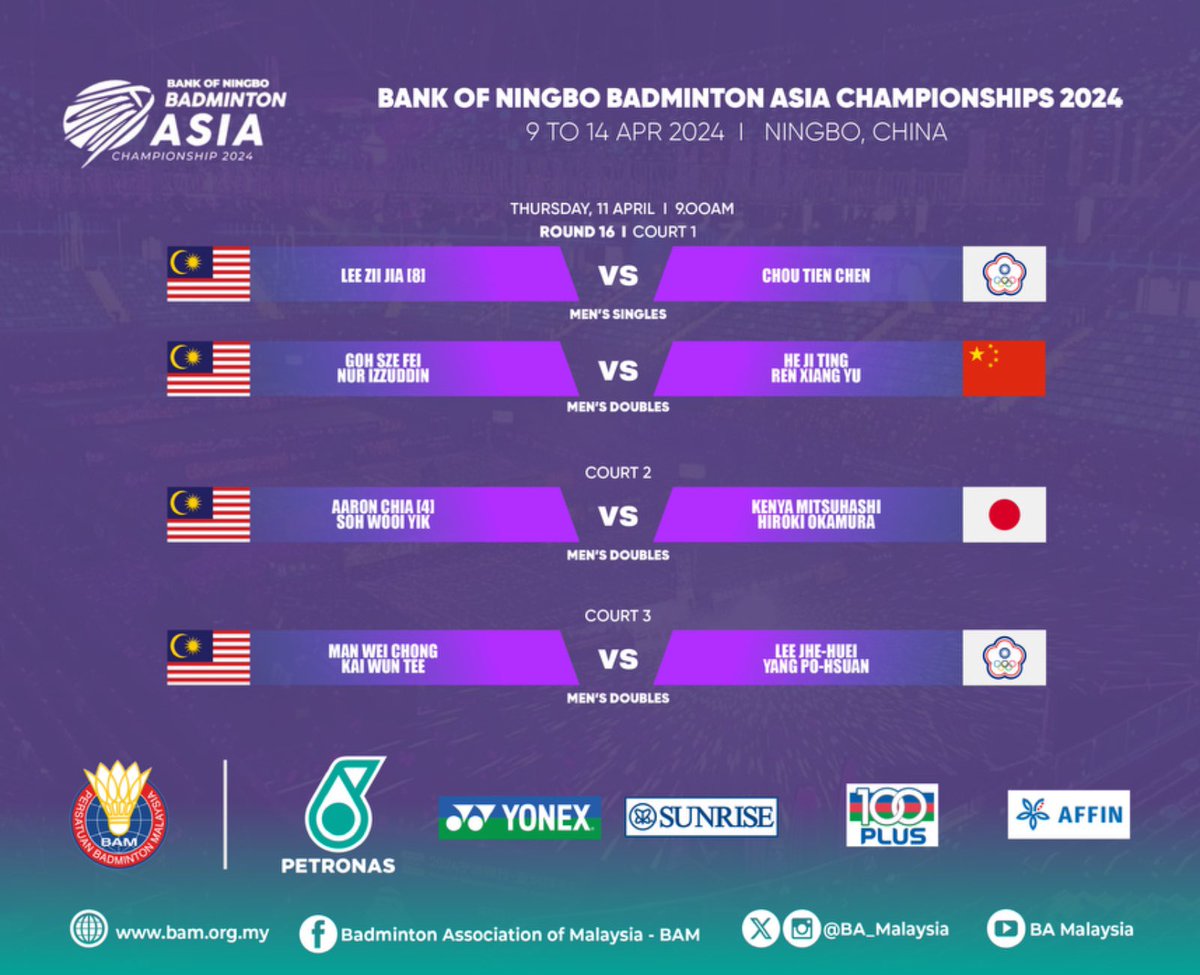 #BAC2024 Order of Play

Day 3️⃣

⏰ Est. 11.50 am (MYT)

#GemilangkanLagi
#DemiMalaysia
#BadmintonMalaysia