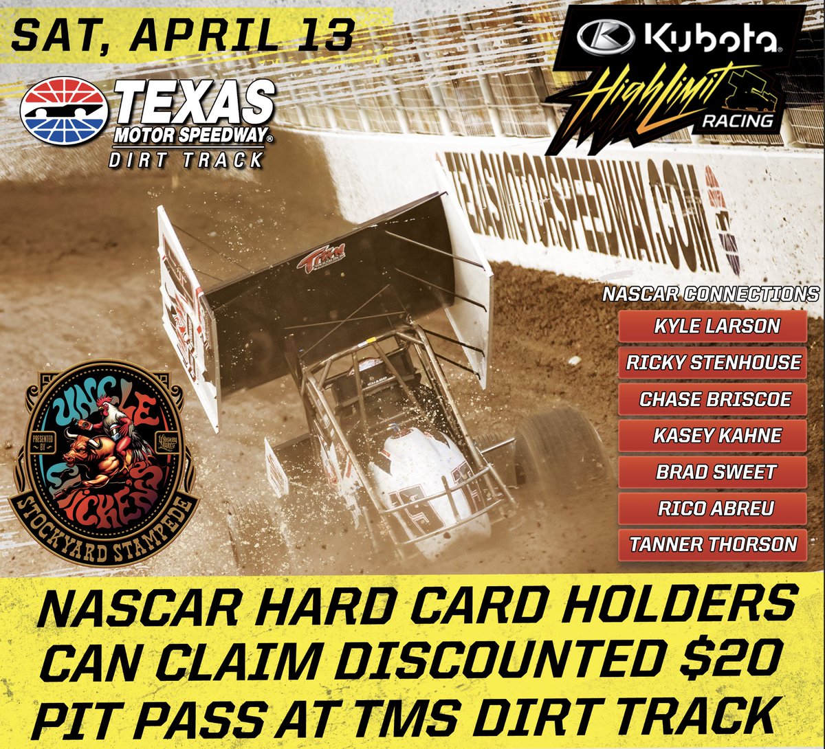Any @NASCAR hard card holders can claim a discounted pit pass this Saturday night at @TXMotorSpeedway Dirt Track. Many @Kubota_USA High Limit Sprint Cars stars racing on Saturday have connections to the NASCAR garage. 👇🏼