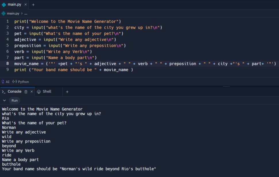 Valthour's tweet photo. Começando o desafio seguindo o curso do 100 days of code python do @londonappbrewery
Primeiro dia basicamente cobriu um monte de coisa que ja sabia mas ta valendo so pra refrescar e começar o negocio.
Mudei o projeto do dia 1 deles pq era bem basicão #100daysofcode https://t.co/fOikokqFcA