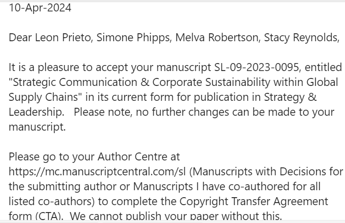 Happy to collaborate with @leoncprieto, Melva Robertson, and Stacey D. Reynolds to share insights on #StrategicCommunication and #CorporateSustainability in Global #SupplyChains for this practitioner-oriented article that was accepted for publication.