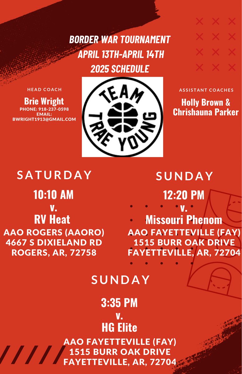 Kaytum Lively (@kaytuml) on Twitter photo Come check out my team this weekend at the <a href="/Borderwar1/">Borderwar Tourney</a> tournament!!
<a href="/MissDST1913/">Coach Brie Wright</a> @teamtraeyoungmb Come check out my team this weekend at the <a href="/Borderwar1/">Borderwar Tourney</a> tournament!!
<a href="/MissDST1913/">Coach Brie Wright</a> @teamtraeyoungmb