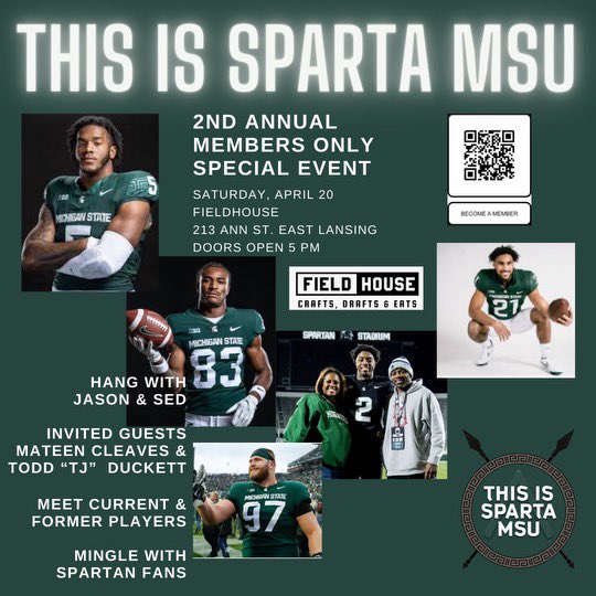 📆Mark your calendars for the 2nd annual @ThisIsSpartaMSU Spring game party @FieldhouseEl with Jason & Sed & special guests!