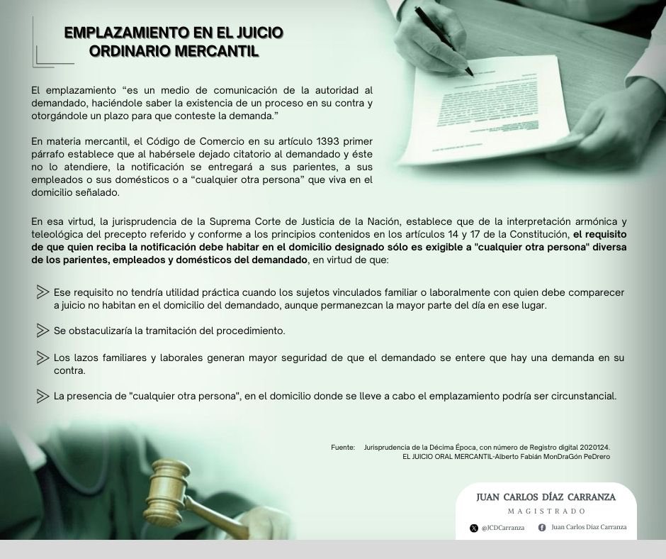 📌 EMPLAZAMIENTO EN EL JUICIO ORDINARIO MERCANTIL

La jurisprudencia de la @SCJN establece que el requisito establecido en el art.1393 del Código de Comercio, consistente en que quien reciba la notificación deba habitar en el domicilio designado, sólo es exigible a “cual-

1/2