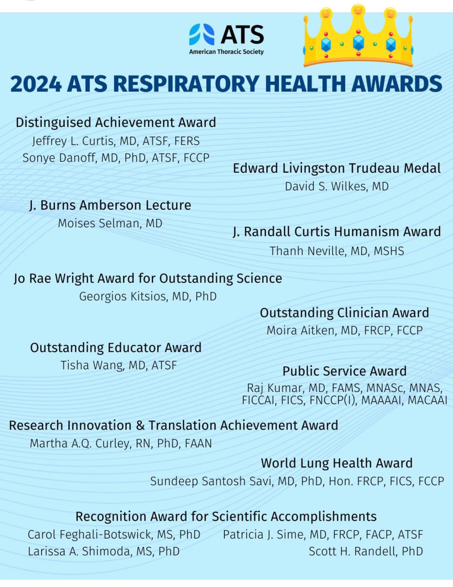 Congratulations to all the amazing colleagues and friends selected for the American Thoracic Society Respiratory Health Awards!! 👏🏼🏆🫁🏆👏🏼 Well Deserved!!! #ATS2024