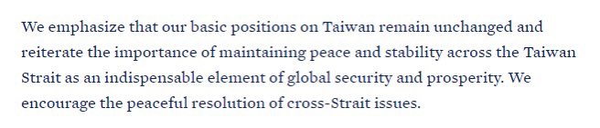 The United States-Japan Joint Leaders’ Statement today reiterated the importance of maintaining peace and stability across the Taiwan Strait, and noted it is an indispensable element of global security and prosperity. whitehouse.gov/briefing-room/…