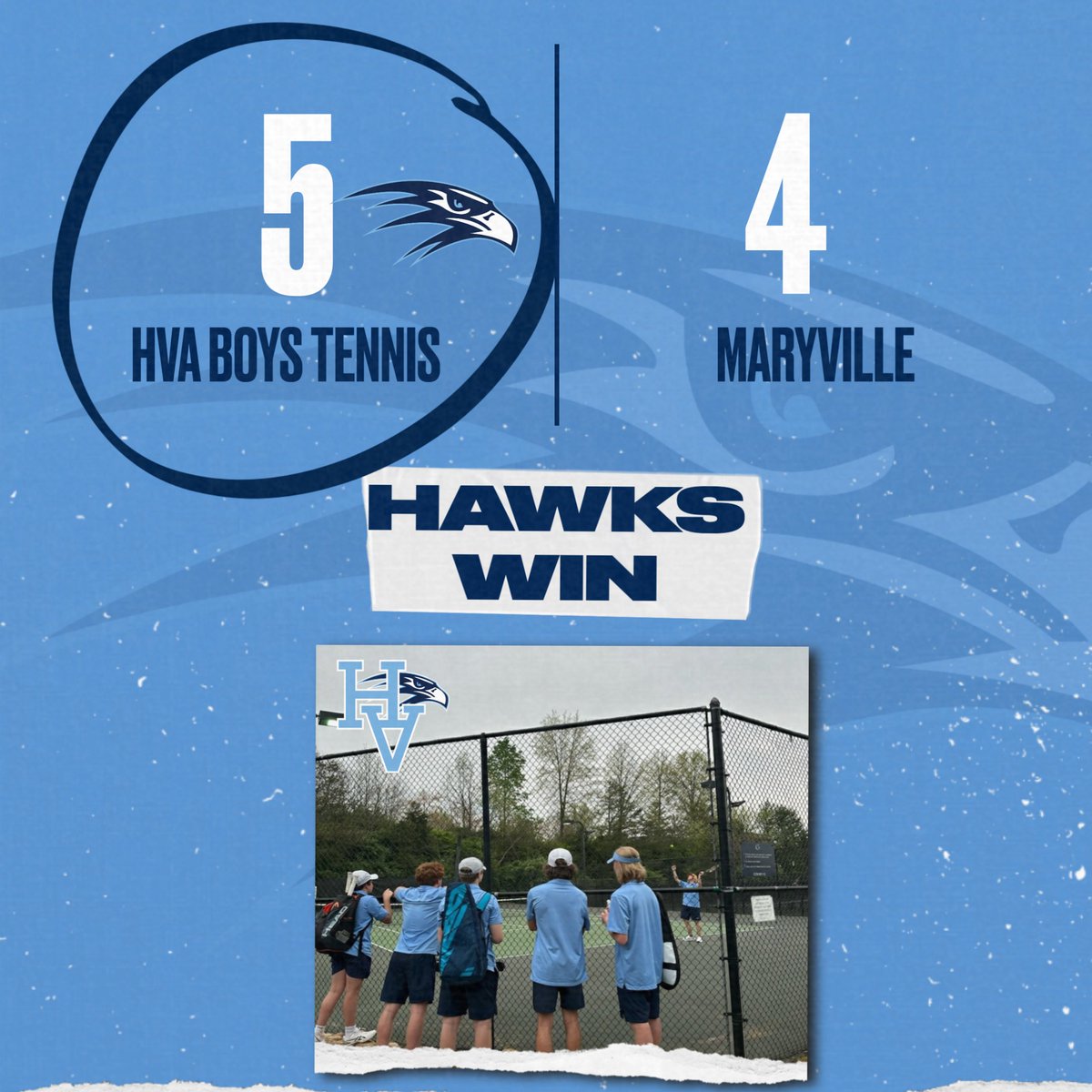 @5StarPreps @prepxtra HVA Boys Tennis with a win by a score of 5 matches to 4 over Maryville in a competitive well played match among both teams. Hawk magic 🎩🪄for a 5-4 final score 🎾