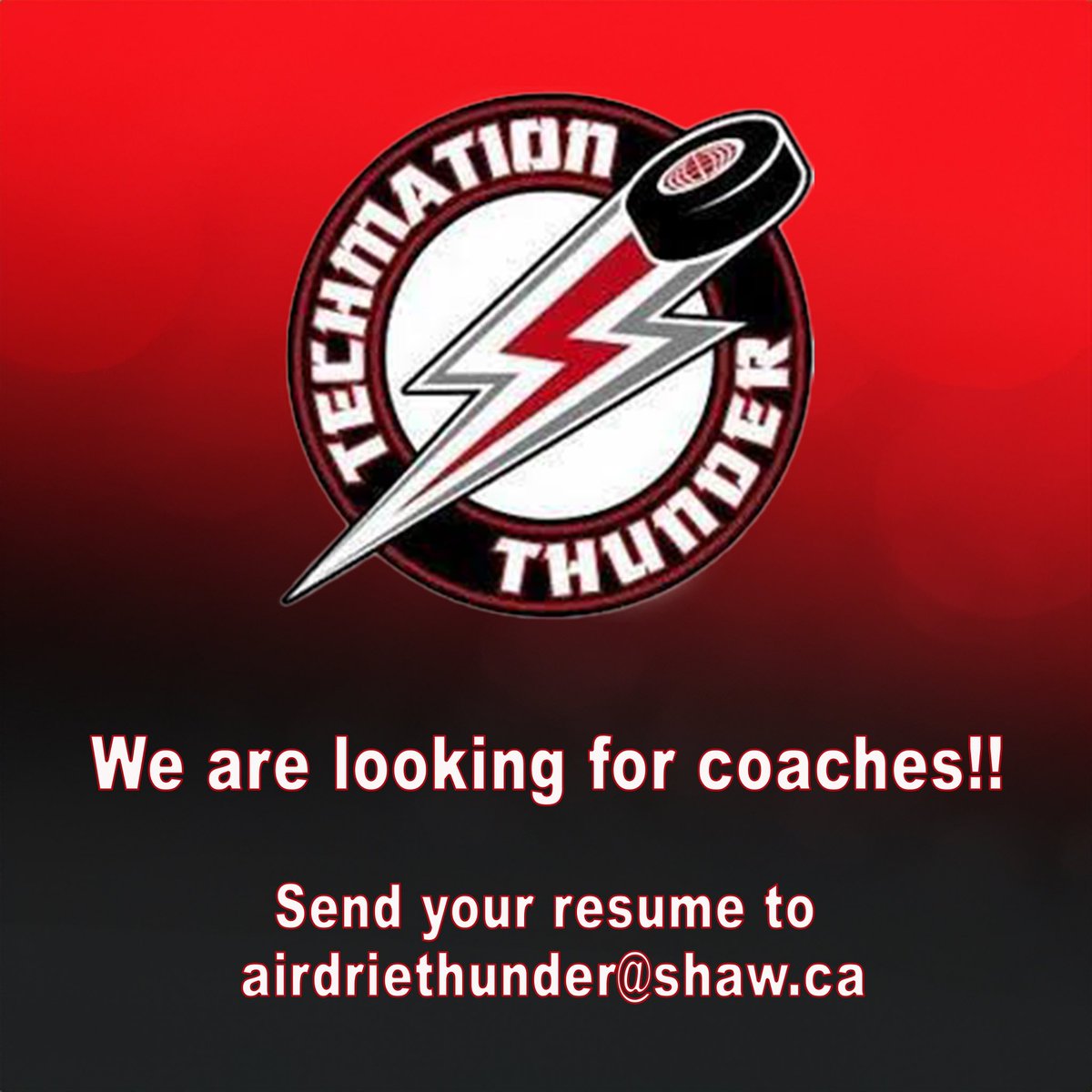 We are in search of coaches to add to the roster! If you are interested, please send your resume to airdriethunder@shaw.ca 🏒 #airdriethunder