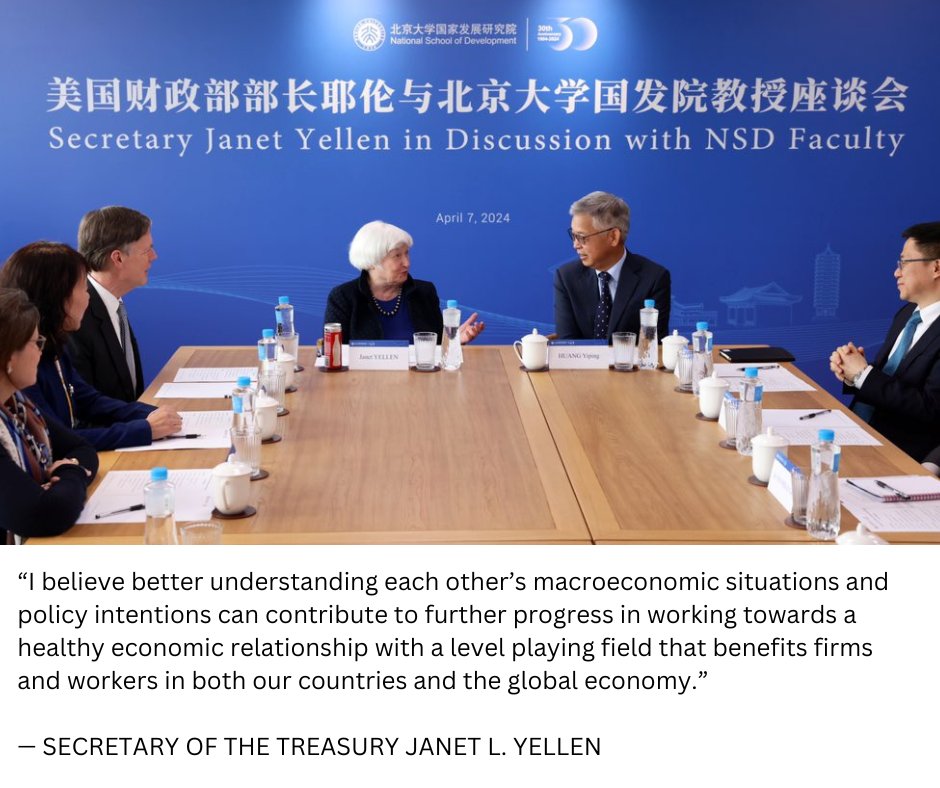 .@SecYellen: As the United States and China have worked to put our economic relationship on surer footing, the work of deepening our communication has been critical. Full remarks at @PKU1898: home.treasury.gov/news/press-rel…