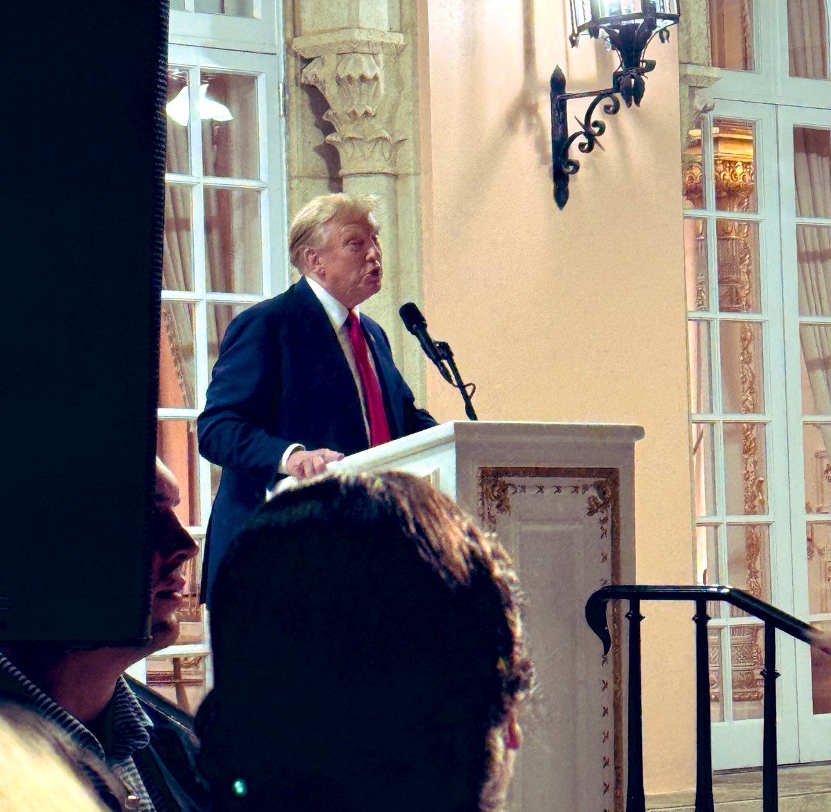 Live here at Mar A Lago. President Trump left here at 630AM for his Atlanta and Orlando events and just got back (10pm) and is giving a speech now. Says he raised at least $15M today.