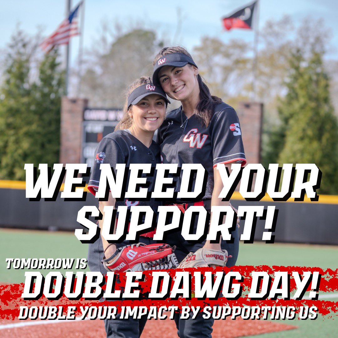 ‼️ TOMORROW IS THE BIG DAY ‼️ 

April 11, 2024 Double Dawg Day! 

We are 𝐒𝐎 excited to have a $10,000 match!!! 

Please select 𝐬𝐨𝐟𝐭𝐛𝐚𝐥𝐥 to support us directly— we appreciate YOU! 🥎

give.gardner-webb.edu/double-dawg-da…