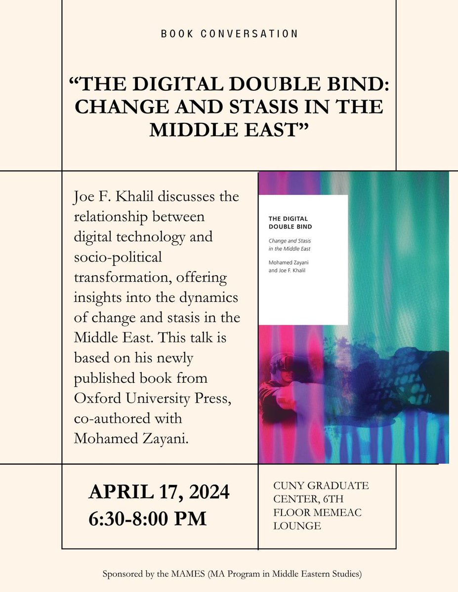 Joe F. Khalil (@joekhalil) on Twitter photo Save the date! 🗓️ Let's explore the dynamics of change and stasis in the Middle East at a book conversation event on April 17th, 6:30-8:00 PM at CUNY Graduate Center. #SocioPoliticalTransformation #BookEvent <a href="/NUQatar/">Northwestern Qatar</a> <a href="/NU_SoC/">NU School of Comm</a> <a href="/GUQatar/">Georgetown University in Qatar</a> Save the date! 🗓️ Let's explore the dynamics of change and stasis in the Middle East at a book conversation event on April 17th, 6:30-8:00 PM at CUNY Graduate Center. #SocioPoliticalTransformation #BookEvent <a href="/NUQatar/">Northwestern Qatar</a> <a href="/NU_SoC/">NU School of Comm</a> <a href="/GUQatar/">Georgetown University in Qatar</a>