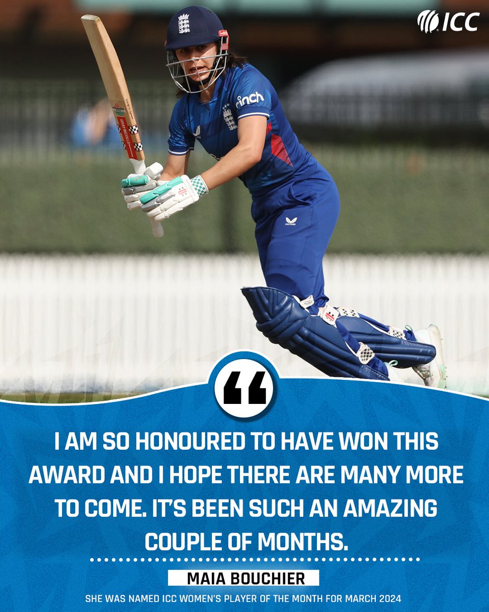 Maia Bouchier beat competition from Ashleigh Gardner and Amelia Kerr to be the ICC Women's Player of the Month for March 2024 🙌 More 👉 bit.ly/3vK0of5
