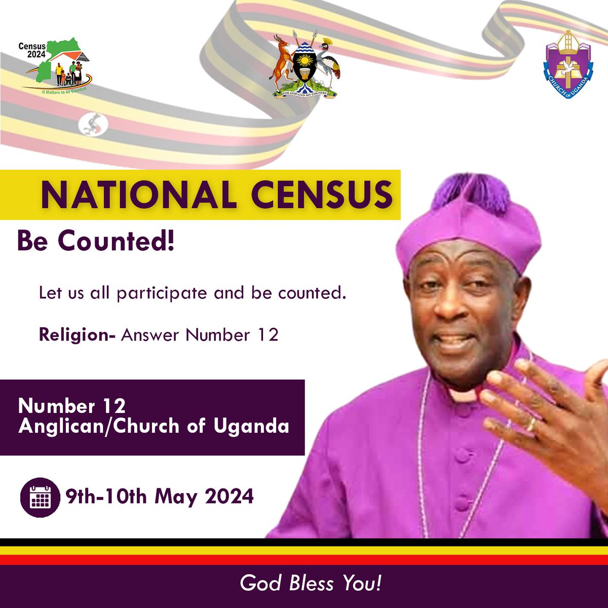 Dear ones, praise God from whom all blessings flow. I call upon you to be counted in the forthcoming national census. Most profoundly, I encourage you to register your faith for better planning. @ChurchofUganda_ is number 12. Let us all participate and be counted.