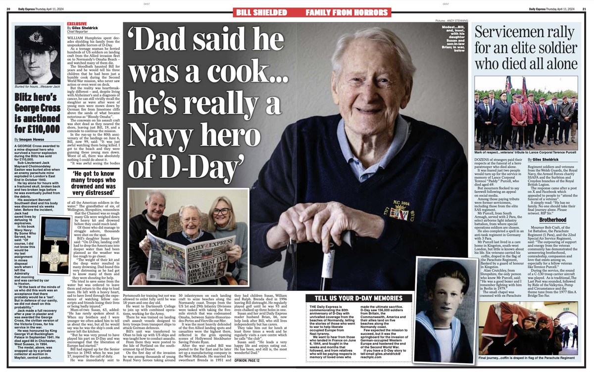 Excl: Royal Navy D-Day lionheart Bill Humphries, 99, battling Alzheimer's & cancer, hid his heroics for years claiming he was just a humble cook who never went on deck or saw action on June 6, 1944. The reality was very different for the then 19-year-old and haunted him for life