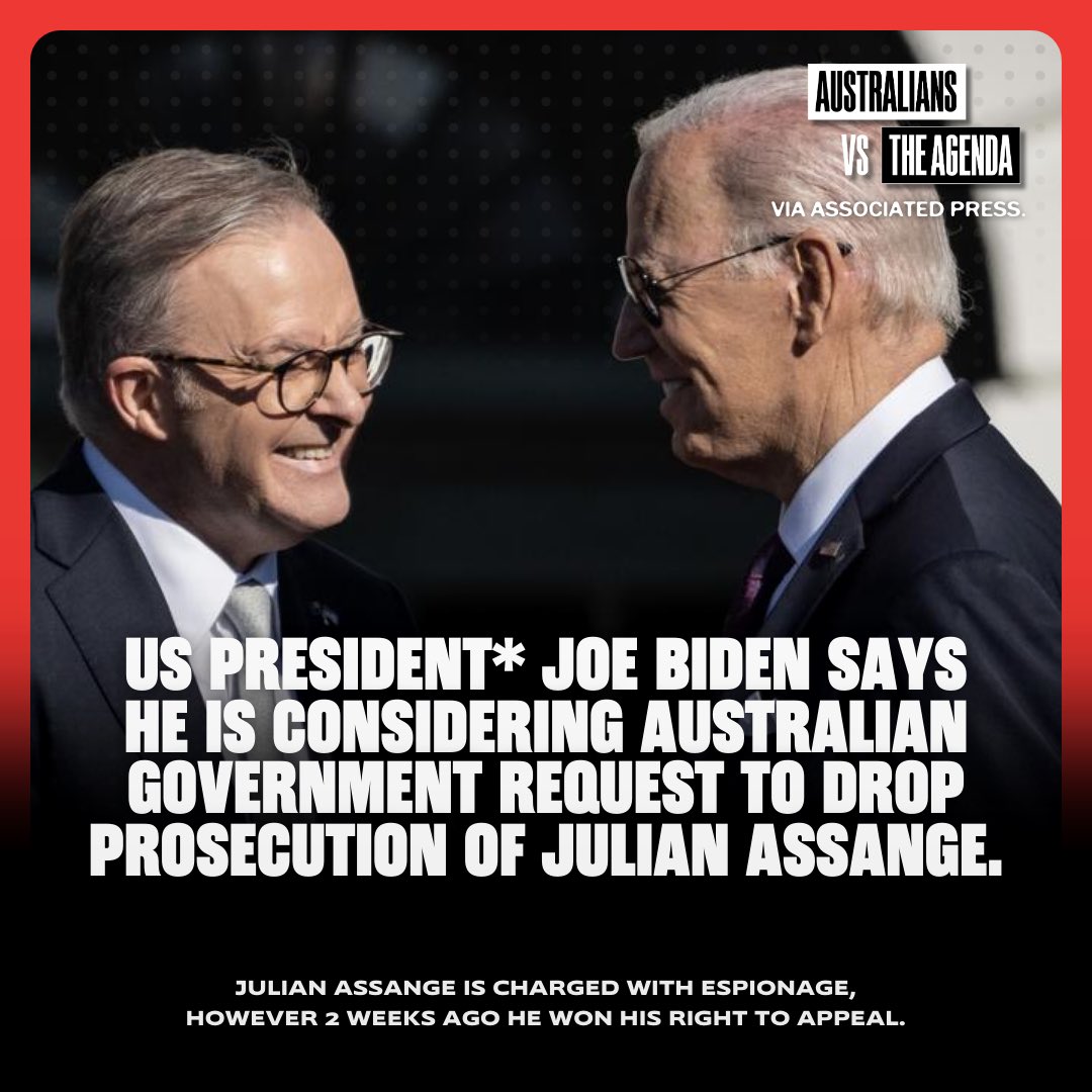 🚨 JULIAN ASSANGE: US President* Joe Biden says he’s considering a request from Australia to drop the prosecution of WikiLeaks founder, Julian Assange. Last month — a British court ruled the Australian, who’s currently being held in a London prison, can’t be extradited to the…