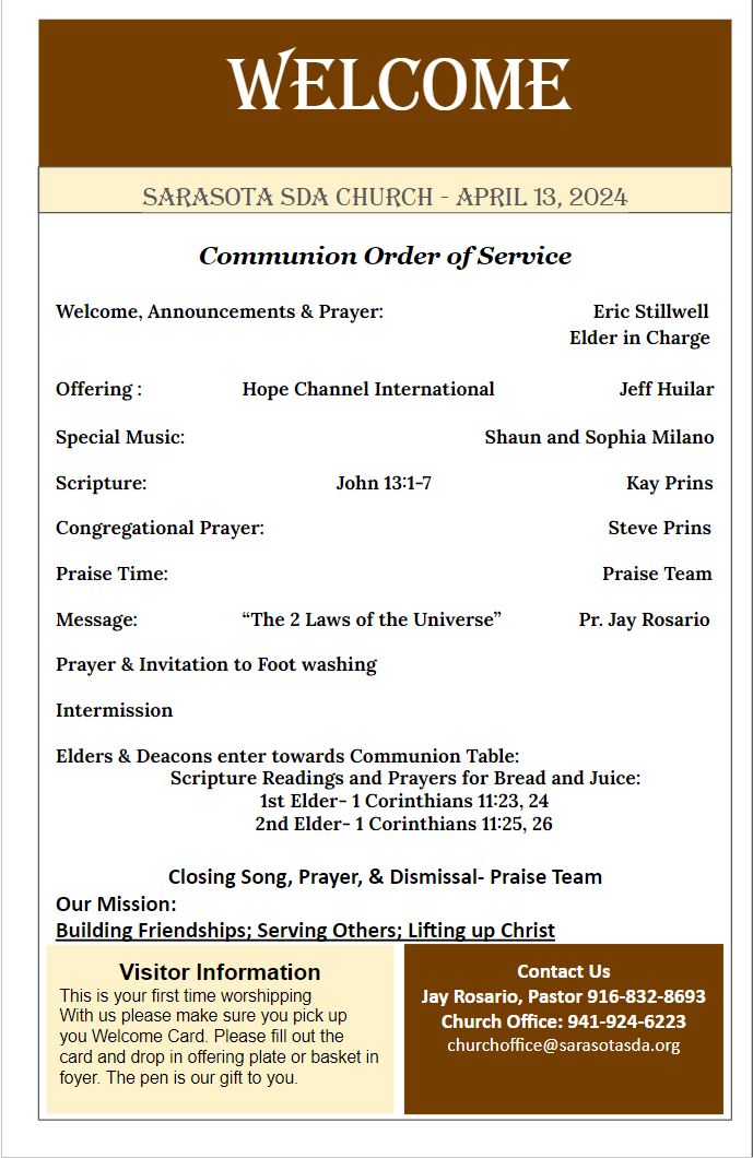 SRQAdventist's tweet photo. This upcoming Sabbath we will be celebrating the Ordinance of Humility and Foot Washing ceremony. Let us prepare our hearts to meet with God at the communion table. Bulletin &amp; order of service are below...

#communionsabbath #communion #LordsSupper #footwashing https://t.co/1zRElG1otL