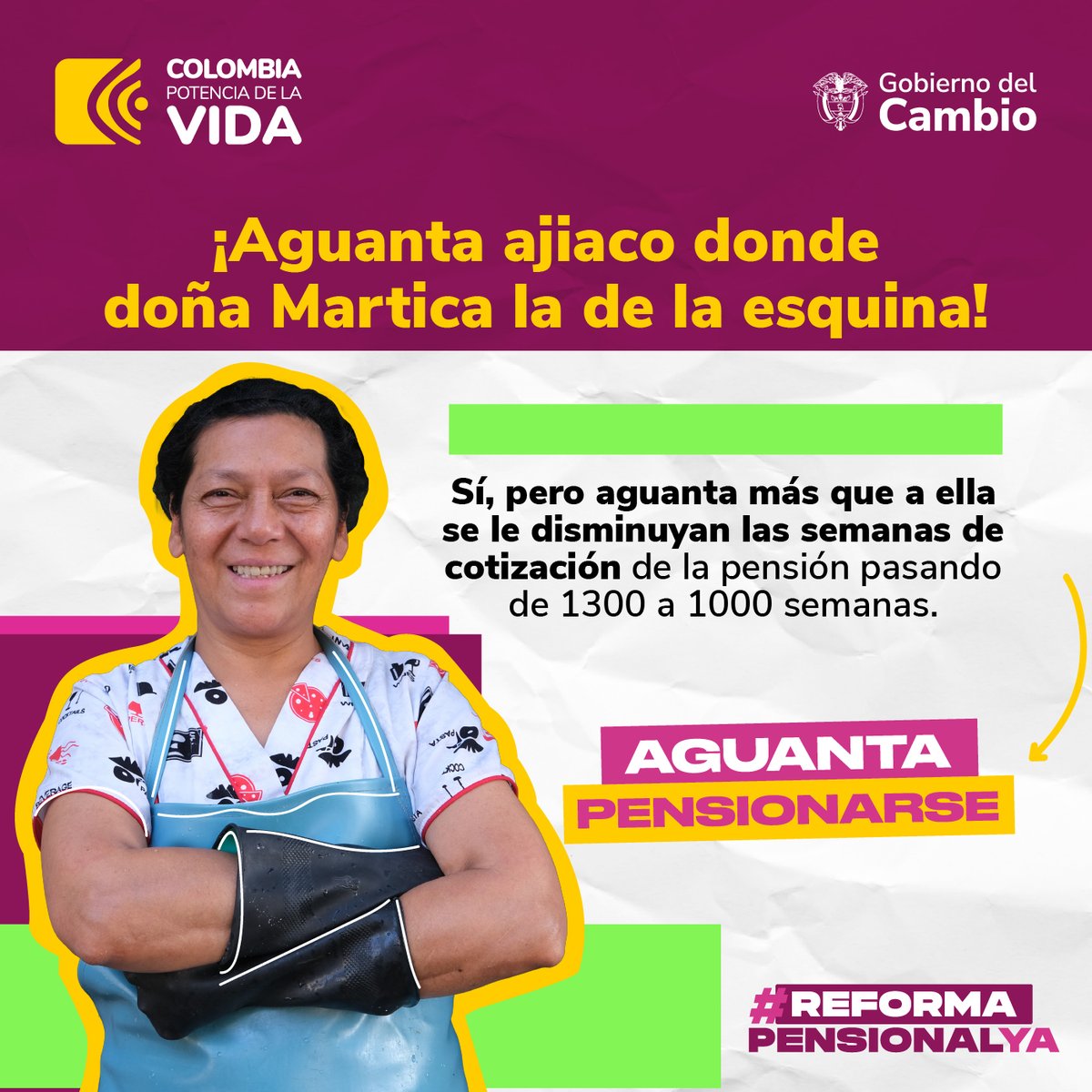 Un objetivo fundamental de la #ReformaPensionalYa es reducir las semanas de cotización a pensión de 1.300 a 1.000 para las mujeres. Buscamos reconocer la vida laboral de cada colombiana y garantizar su derecho a una pensión digna. #AguantaPensionarse