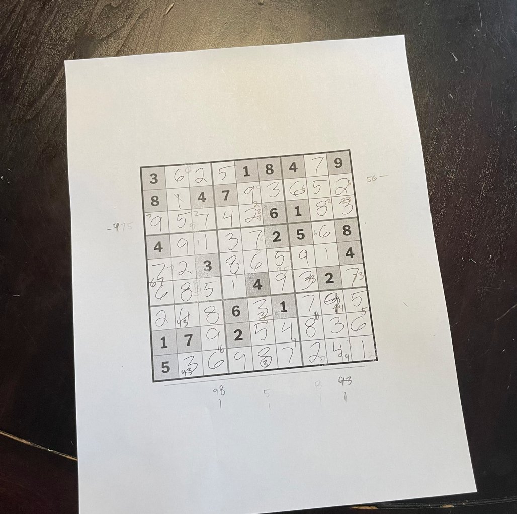 How big a geek am I? I copy the sudoku from the NY Times games app or from the Seattle Times online replica edition and then print it out big so I can use a pen and a pencil to fill it in, using my custom notation system.