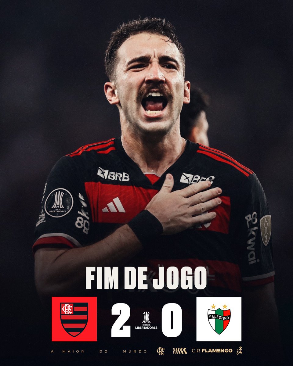 brunincrfxx's tweet photo. FIM DE JOGO!

O Flamengo vence o Palestino por 2x0 no Maracanã e garante sua primeira vitória pela @LibertadoresBR 

🔴⚫️ Fla 2
🟢⚪️ Pal 0
⏰️ 2° Tempo / +4
🏟 Maracanã 
🏆 Libertadores 

#VamosFlamengo #FLAxCDP https://t.co/b14s8o2eVQ
