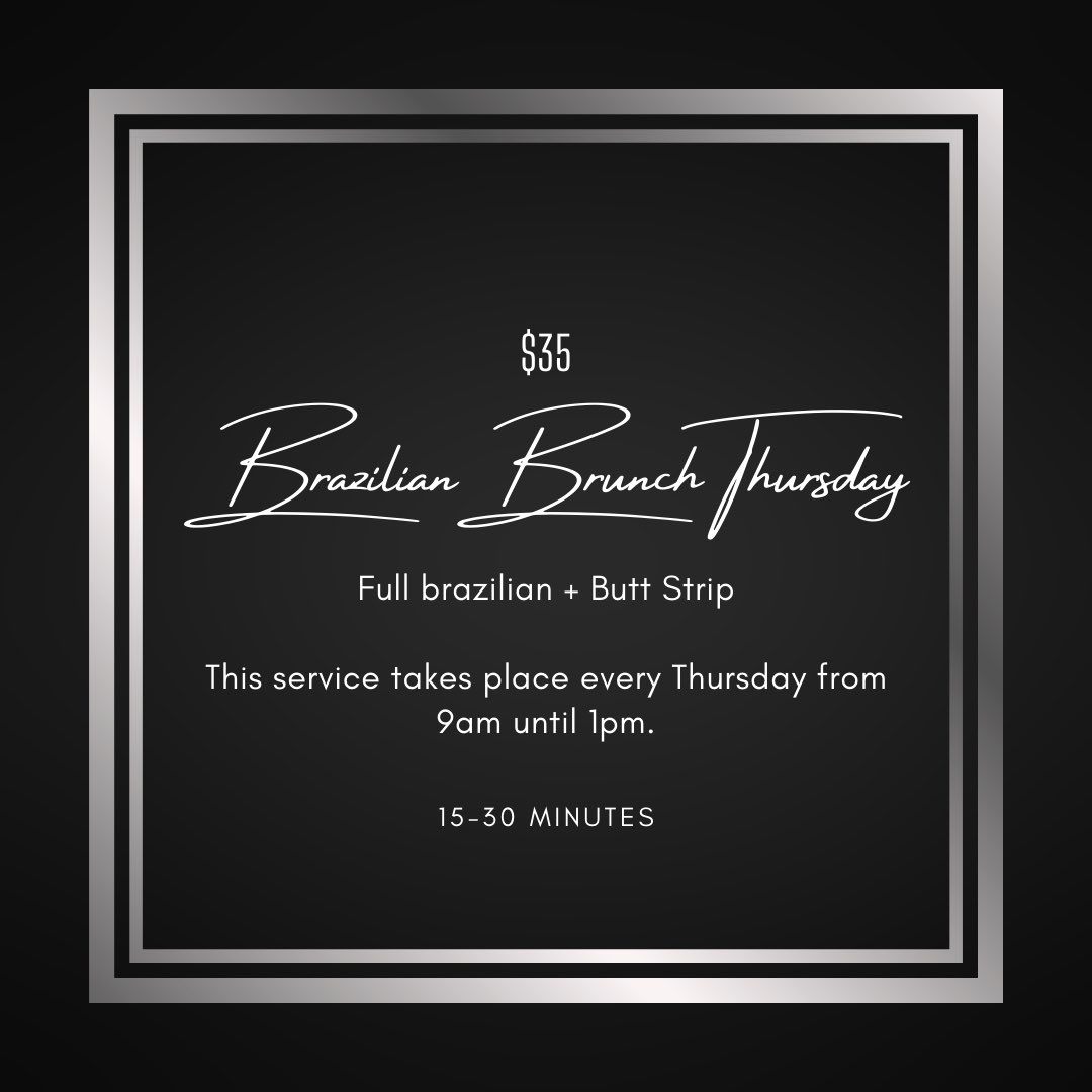 BodygoalsL's tweet photo. $35 Full Brazilian + Butt Strip

This service takes place every Thursday from
9am until 1pm.

15-30 MINUTES

SN: This is a HIGH volume service and it is important to book ahead of time!

#greensborowaxer #brazilianwax #ncat #wssu #uncg #hpu #blackowned #bikiniwax 
 #Aggies https://t.co/hY9fVcow2i