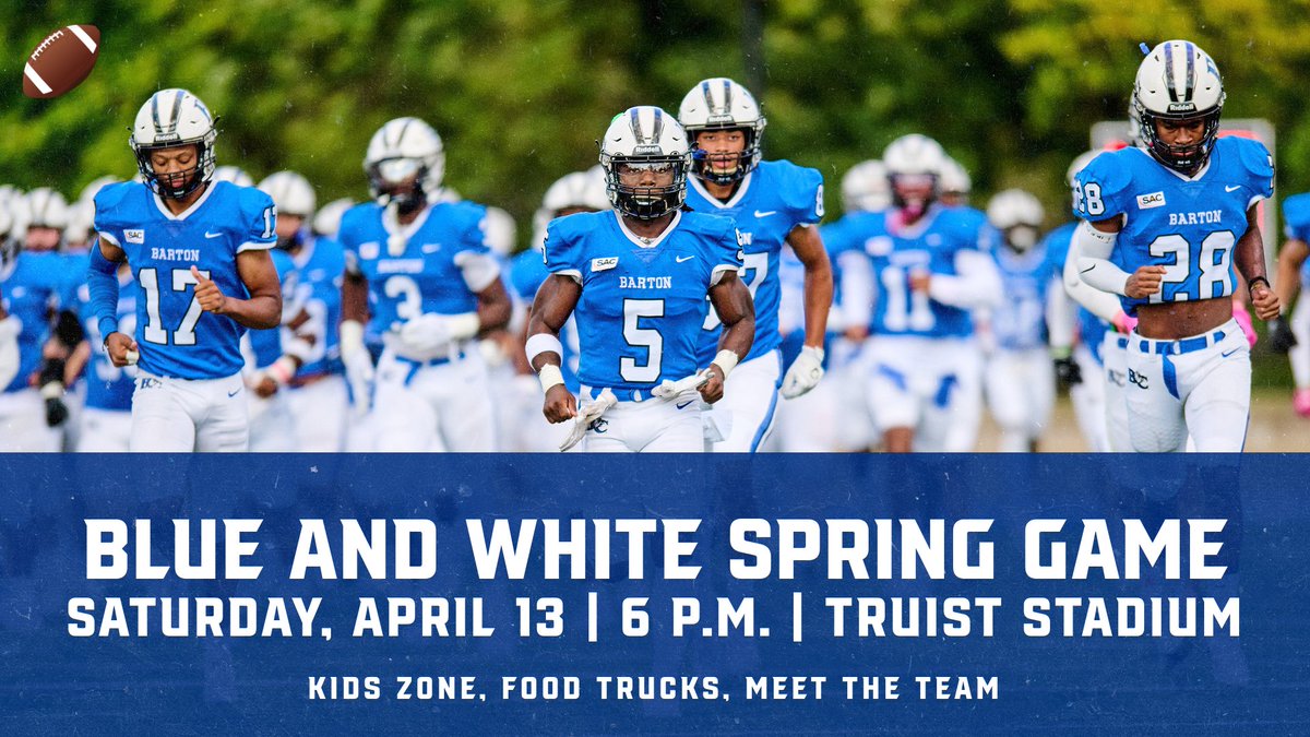 The 2⃣0⃣2⃣4⃣ Barton Football Blue and White Spring Game is set! . Saturday, April 13 . 6⃣:0⃣0⃣ p.m. . Truist Stadium . Food Trucks, Kids Zone, Meet The Team and more! . @barton_fb . #BartonBold . #BCBulldogs . 🏈🏈🏈🏈🏈 👇 FULL DETAILS 🔗: bit.ly/3PZJYWF