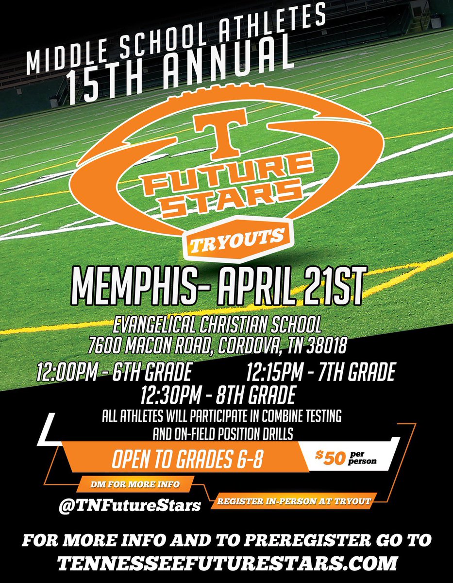Tennessee Future Stars tryouts the next two weekends are in Chattanooga (4/14) and Memphis (4/21) respectively. Come out and compete!!!