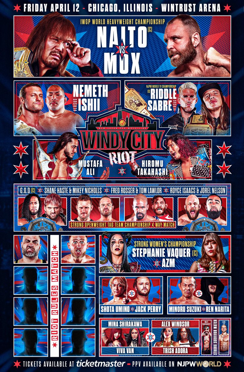 TODAY! Windy City Riot in Chicago! Last tickets @wintrustarena: ticketmaster.com/event/07006024… Live on @njpwworld: watch.njpwworld.com/live-event/413… #njriot #njpwSTRONG #njpw