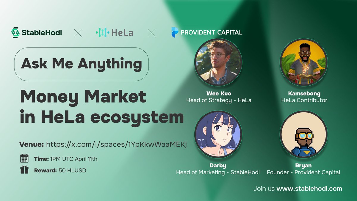 Provident_Cap's tweet photo. Join us and @StableHodl in an exclusive AMA with
@Hela_Network

To participate and win one of the 10 prizes: 
1️⃣ Schedule your participation. 
2⃣ Complete the following tasks: 
🩷Follow @Provident_Cap 
🩷Follow @StableHodl 
🩷Follow @Hela_Network 
3⃣ Post your questions below! https://t.co/vZVKg43Yq5