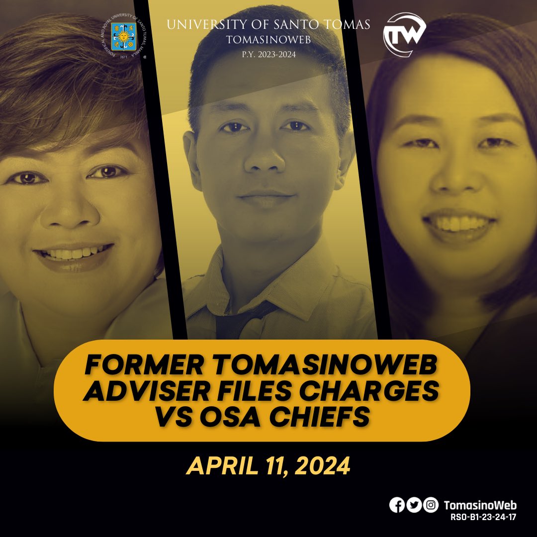TomasinoWeb's tweet photo. BREAKING: Former TomasinoWeb adviser Leo O. Laparan II filed an administrative complaint against Office for Student Affairs (OSA) Director Ma. Cecilio Tio Cuison and Assistant Director Ma. Regina Arriero at the office of UST Vice-Rector Fr. Isaias Antonio D. Tiongco, O.P., J.C.D. https://t.co/15BiLdIcTm