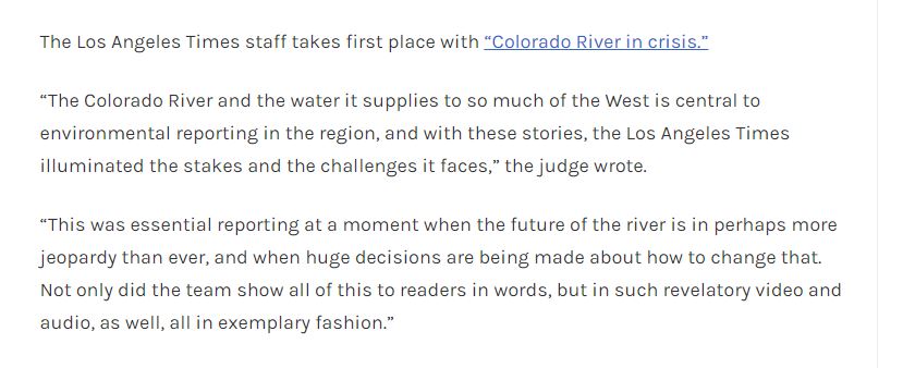 I'm honored that our series Colorado River in Crisis was recognized in the Best of the West journalism contest. Congratulations to our @latimes team, and to all the winners! bestofthewestcontest.org/2024-contest-r…